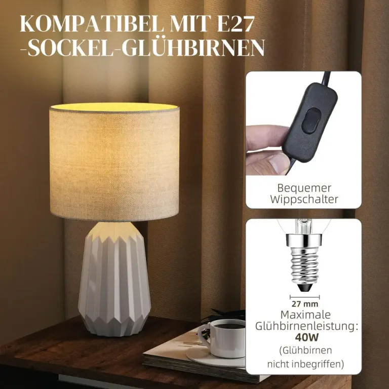 Bordslampa och Sänglampa med Linneskärm och Träfot, Vit