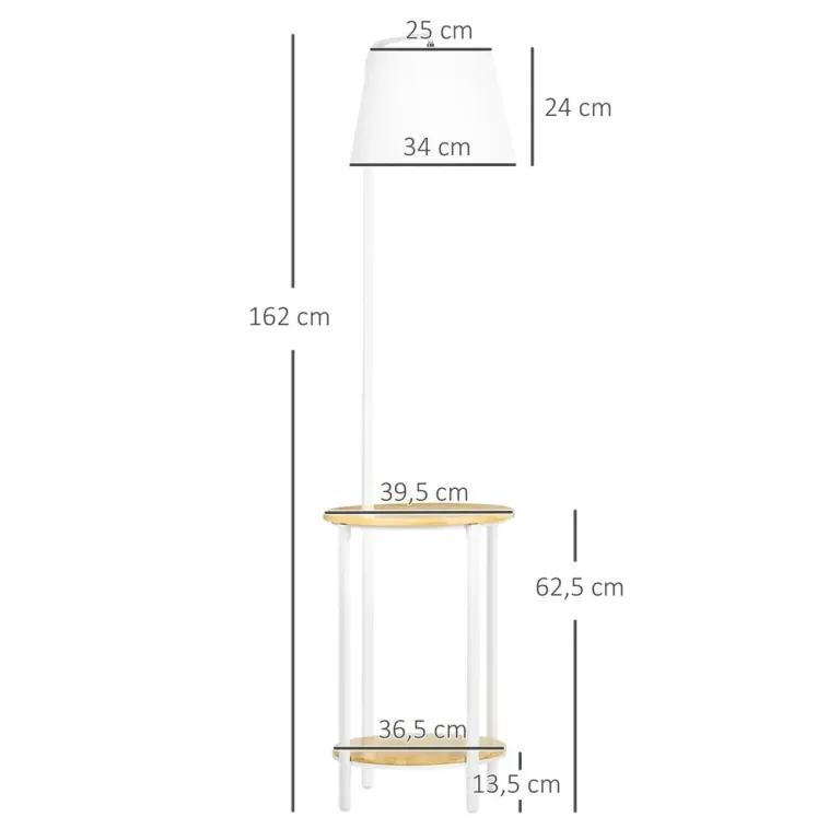 Golvlampa med 2 Hyllor i Bambu och Tygskärm E27, Vit