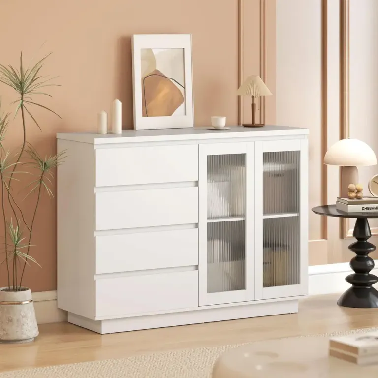 Bufféskåp Skänk med 4 Lådor 2 Glasdörrar Modern Design Räfflade Fyra