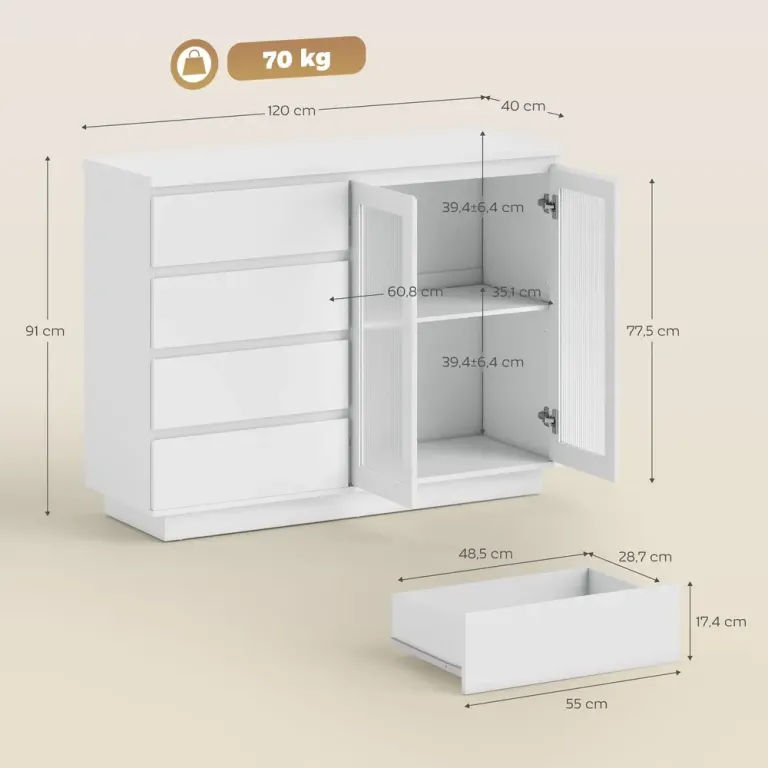 Bufféskåp Skänk med 4 Lådor 2 Glasdörrar Modern Design Räfflade Fyra