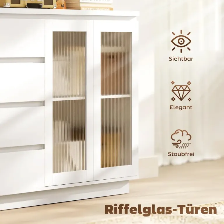 Bufféskåp Skänk med 4 Lådor 2 Glasdörrar Modern Design Räfflade Fyra
