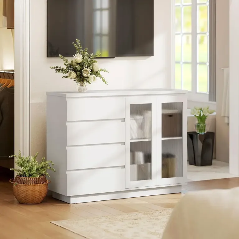 Bufféskåp Skänk med 4 Lådor 2 Glasdörrar Modern Design Räfflade Fyra