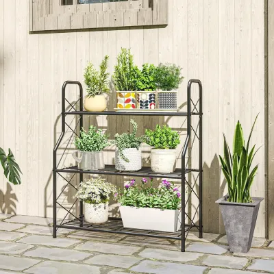 Blomställer 3 Våningar Svart Metall Hylla med Handtag 78 cm