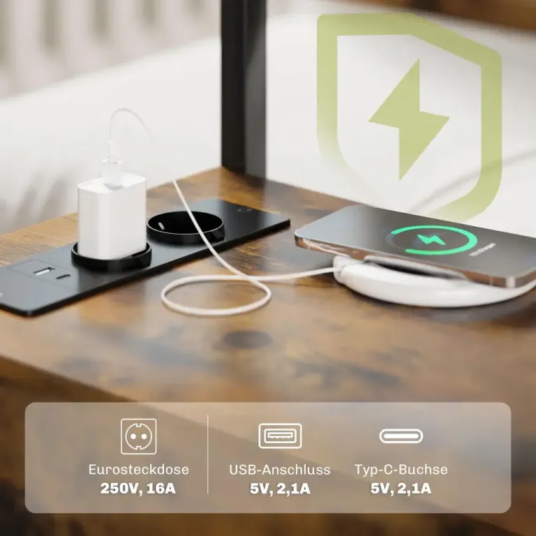 Sidobord Soffbord med Laddstation och USB Rustik Brun