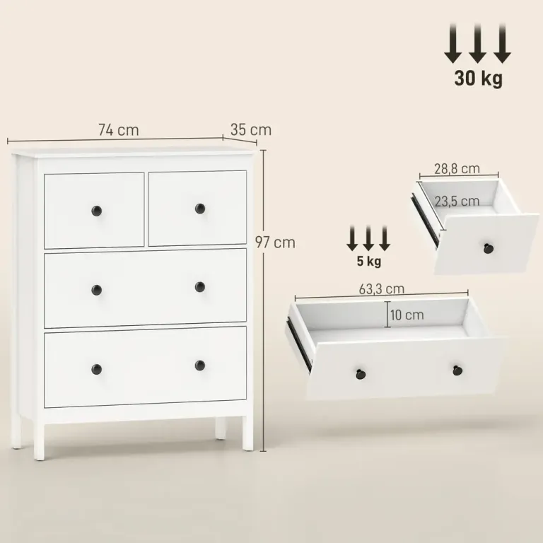 Byrå 4 Lådor för Kläder och Sängkläder Vardagsrum Modern Tystgående