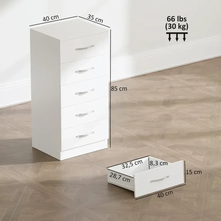 Byrå 5 Lådor Vit Spånskiva Förvaringsskåp för Kläder Smal Design