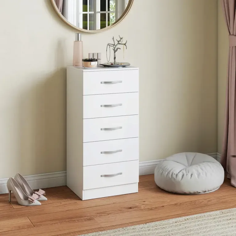 Byrå 5 Lådor Vit Spånskiva Förvaringsskåp för Kläder Smal Design