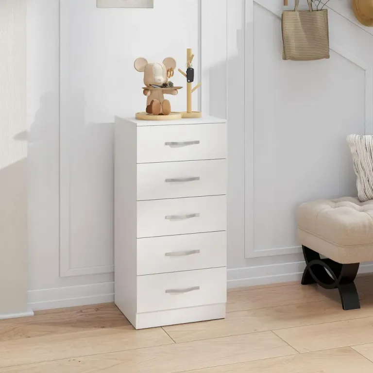 Byrå 5 Lådor Vit Spånskiva Förvaringsskåp för Kläder Smal Design