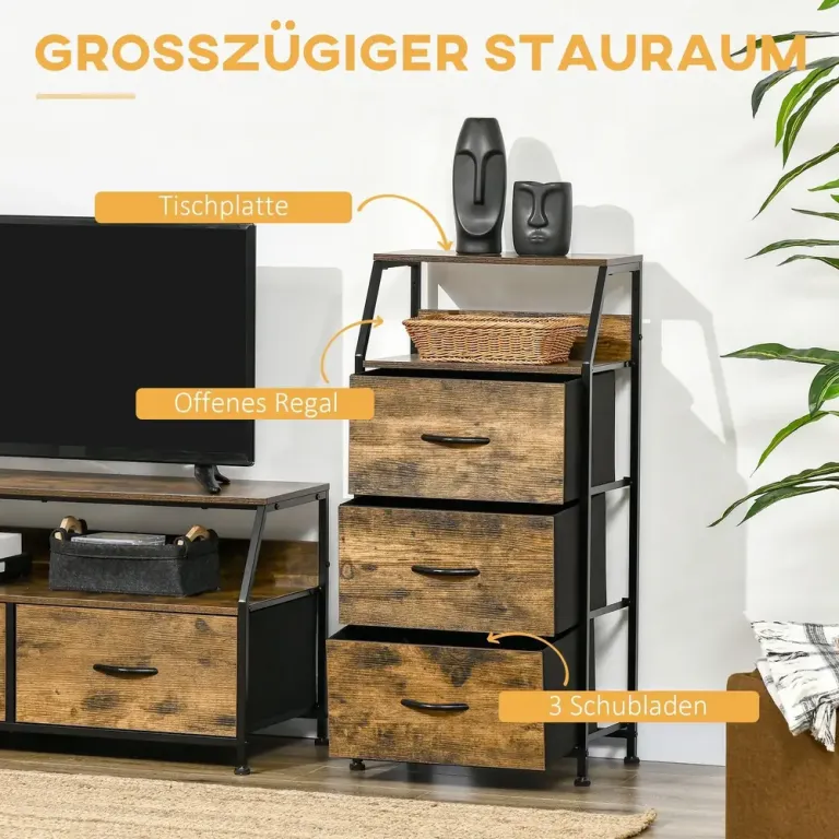 Byrå 3 Lådor Rustik Brun av Tyg och Stål Industriell Förvaringsbyrå