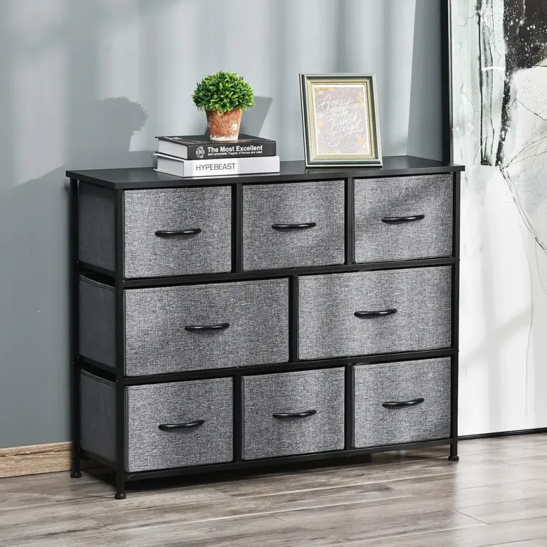 Byrå Skåp 8 Lådor Mörkgrå av Tyg Tyglådor Vikbar Design Metallram