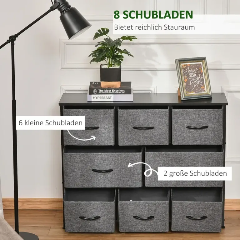 Byrå Skåp 8 Lådor Mörkgrå av Tyg Tyglådor Vikbar Design Metallram