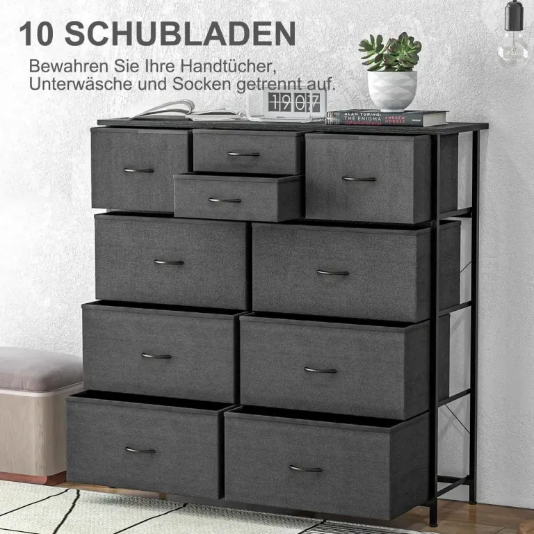 Byrå med 10 Tyglådor och Metallram, Svart