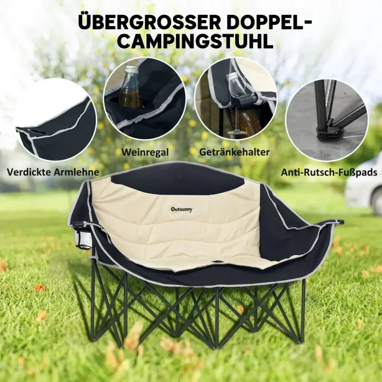 Hopfällbar Campingstol 2-Sits med Mugghållare, Khaki Dubbel