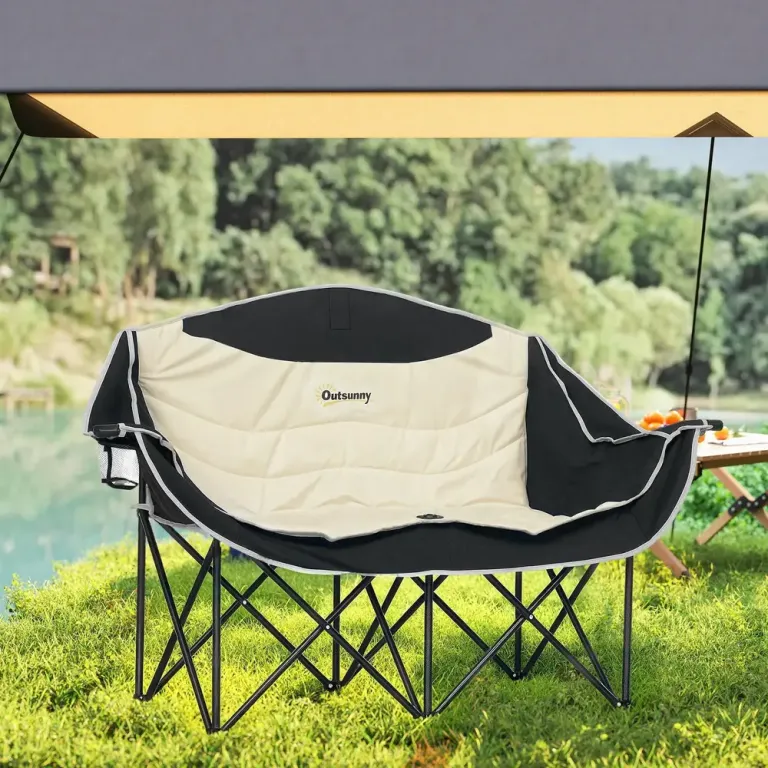 Hopfällbar Campingstol 2-Sits med Mugghållare, Khaki Dubbel
