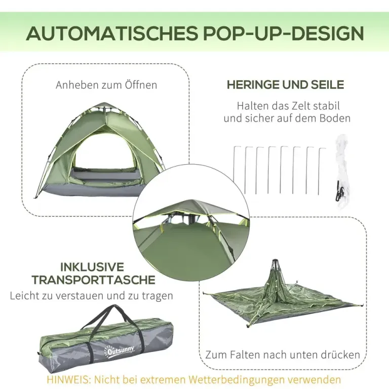 Campingtält Quick-Up för 2–3 Personer Familjetält Mörkgrön Polyester