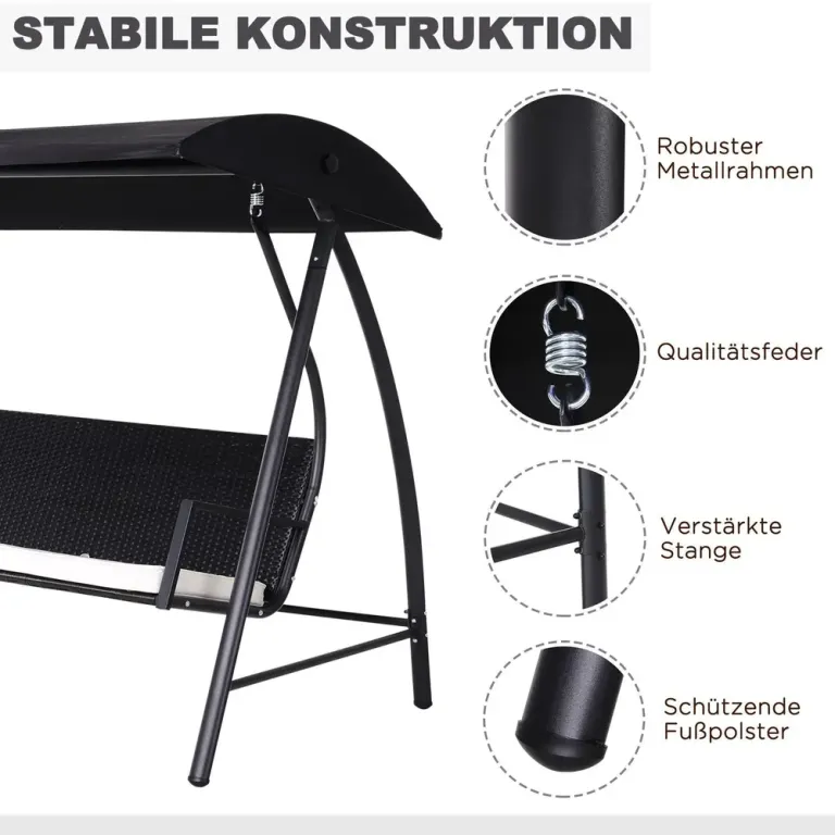 Hammock i Konstrotting 3-Sits med Justerbart Tak, Svart