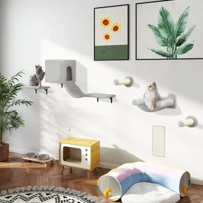 Kattklättervägg 6-Delat Set med Katthus Hängmatta