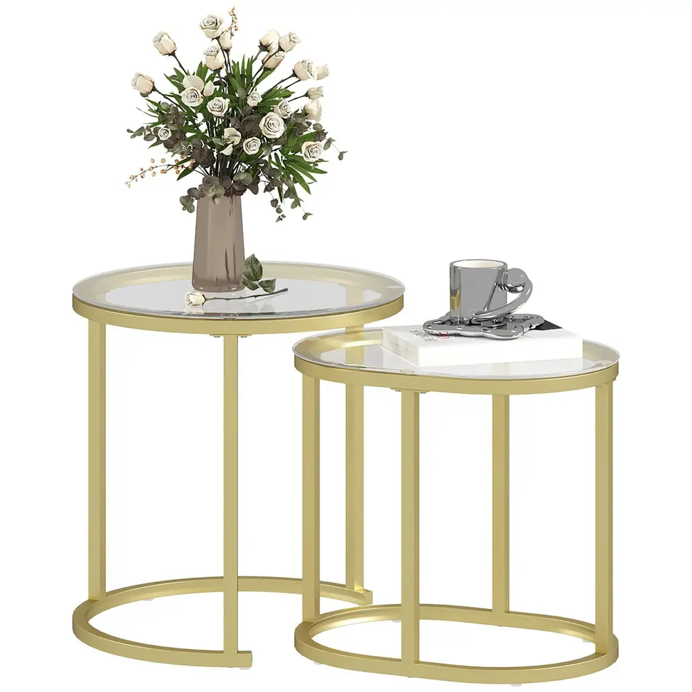 Soffbord Sidobord Set om 2 Guld av Stål och Glas Runda