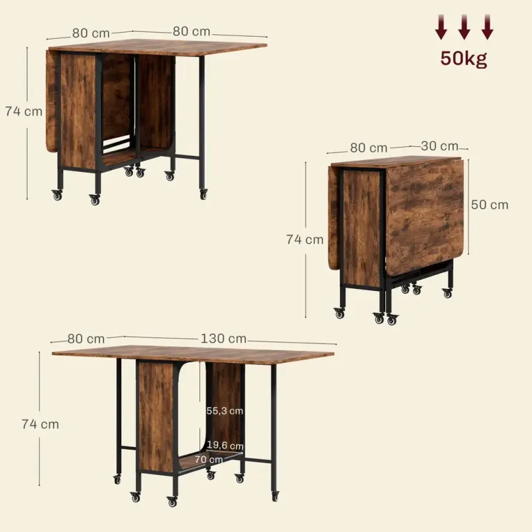 Matbord Hopfällbart Rustikbrun 130 x 80 x 74 cm, Brun