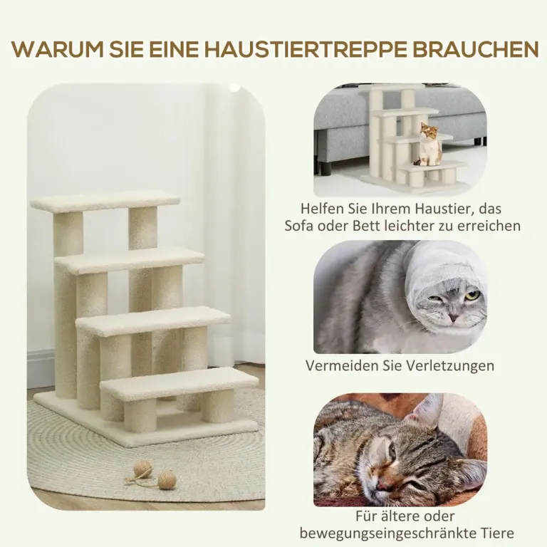 Djurtrappa 4 Steg Plysch för Hundar Katt Beige