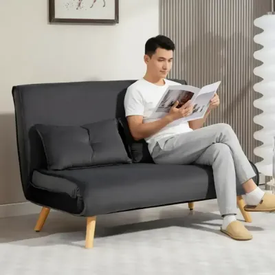 Bäddsoffa med Ryggstöd Tygklädsel och Metallram Grå 2-Sits