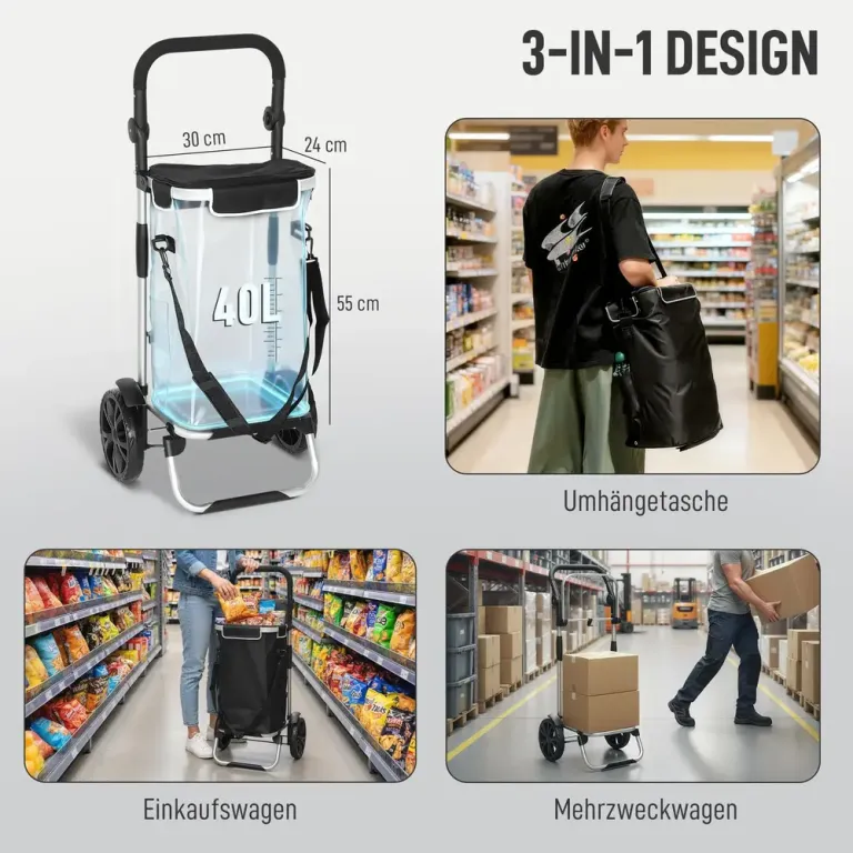 Dramatenvagn 3 i 1 Svart Tyg och Aluminium för Shopping Hopfällbar
