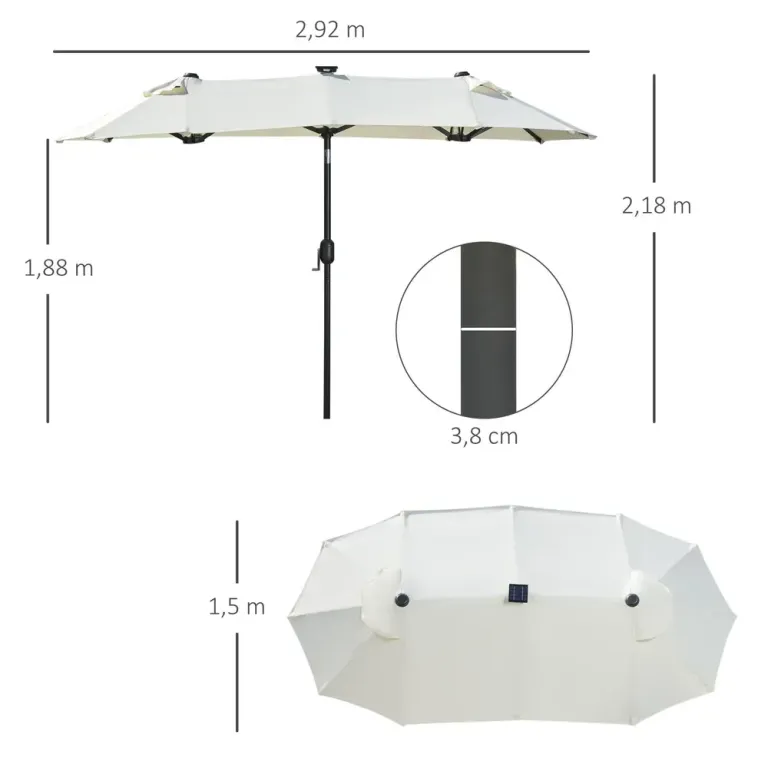 Dubbelparasoll med Solcellspanel 2,92 x 1,50 x 2,18 m