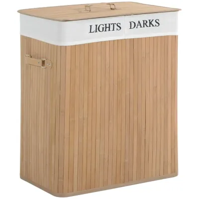Tvättkorg Naturlig Bambu med Lock 2 Fack 52 x 32 x 63 cm