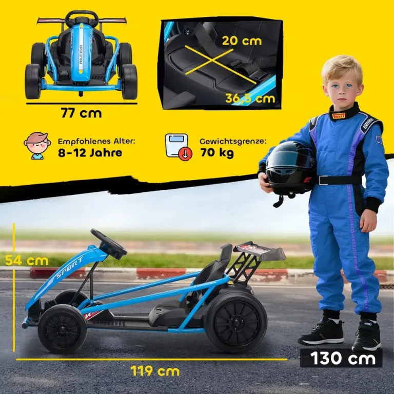 Elbil Go-Kart 24V Blå Metall och Plast för Barn 8-12 År Elektrisk