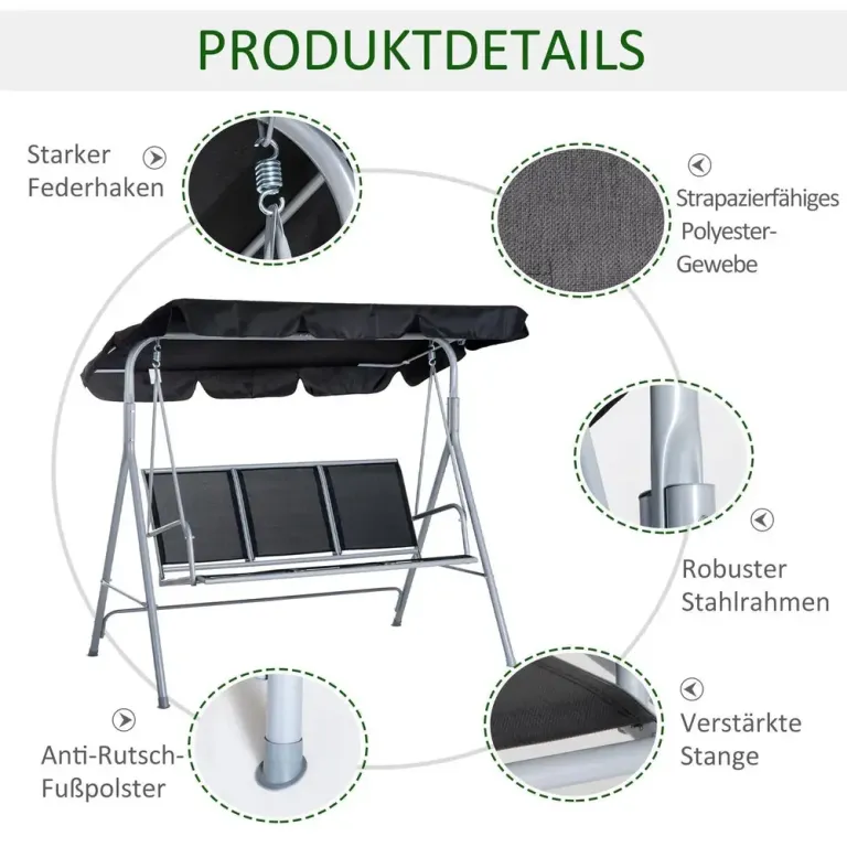 Elegant Hammock med Tak 3-Sitsig Gungsoffa Belastning Metall