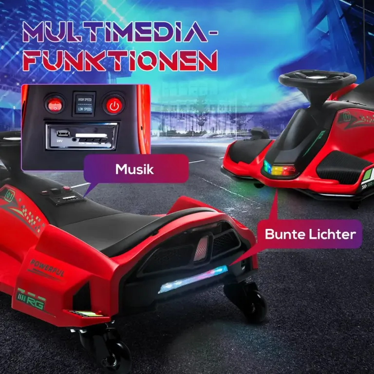 Elektrisk Gokart för Barn med Ljus och Musik, Röd Gummihjul