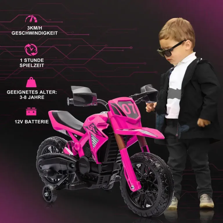 Elektrisk Barnmotorcykel 12 v med Träningshjul Signalhorn Rosa