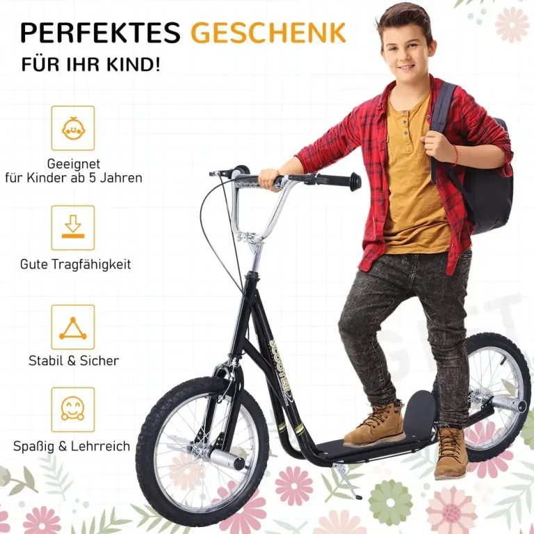 Sparkcykel för Barn med 16-Tums Lufthjul, Svart Höjdjusterbar Stål