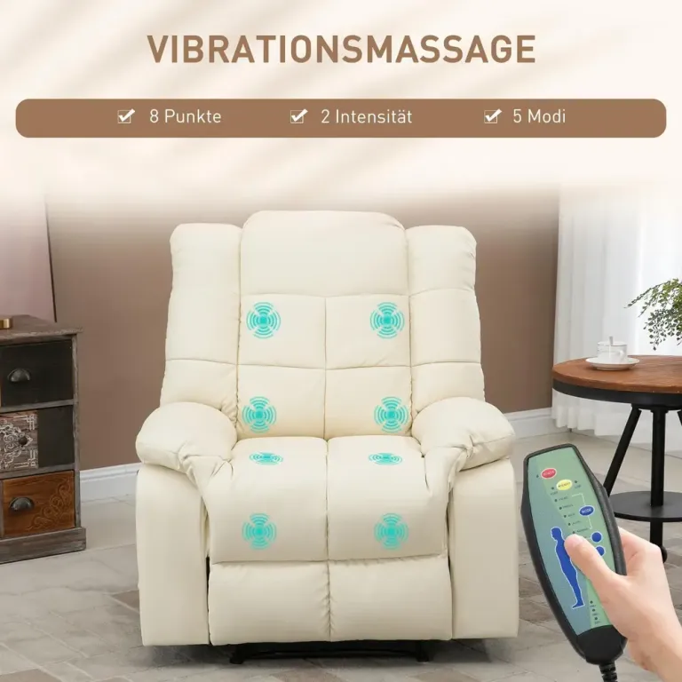 Elektrisk Massagestol i Konstläder Massagefåtölj Fotstöd Krämvit