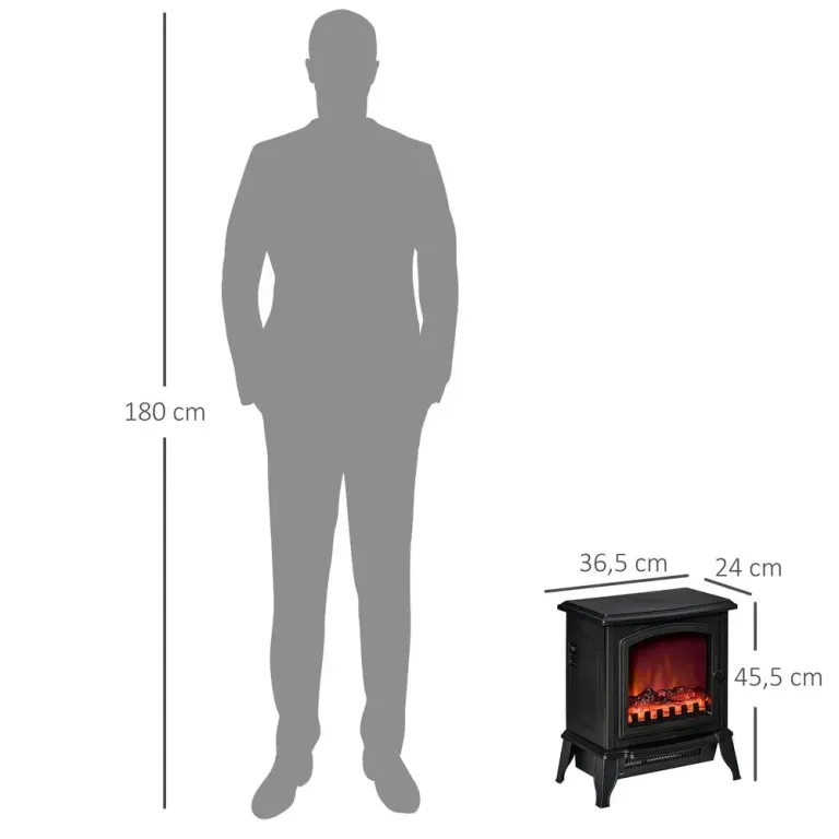 Fristående Elkamin 1000/2000 w, Svart Elektrisk Härdat Glas