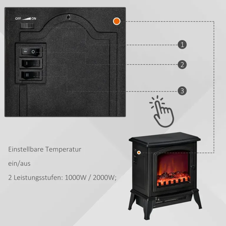 Fristående Elkamin 1000/2000 w, Svart Elektrisk Härdat Glas