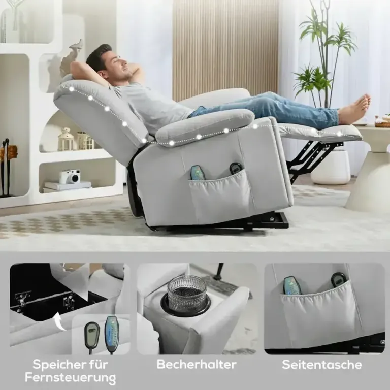 Elektrisk Vilstol Mjukt Sammetstyg USB-Portar Relax Fåtölj Lyfthjälp
