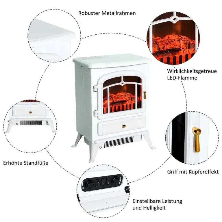 Elkamin med LED-Flammor 950/1850 w, Vit Elektrisk Flamma Effekt