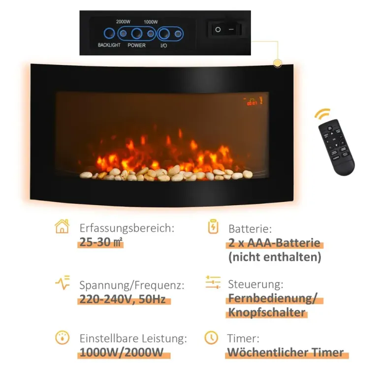 Elkamin Svart för Väggmontering med LED-Flamma 89,2 Cm Elektrisk