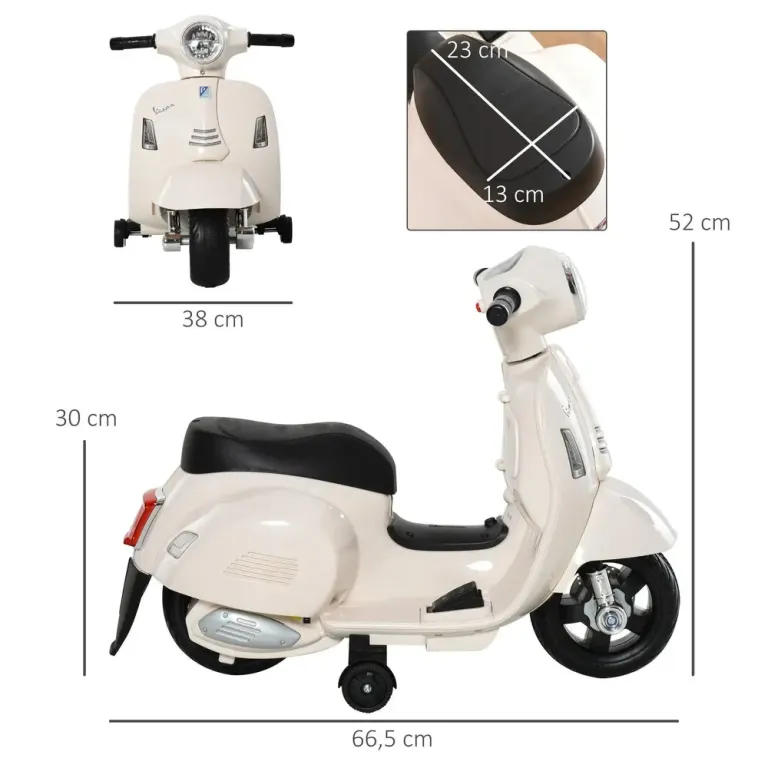 Elmotorcykel Vespa för Barn med LED-Ljus, Vit