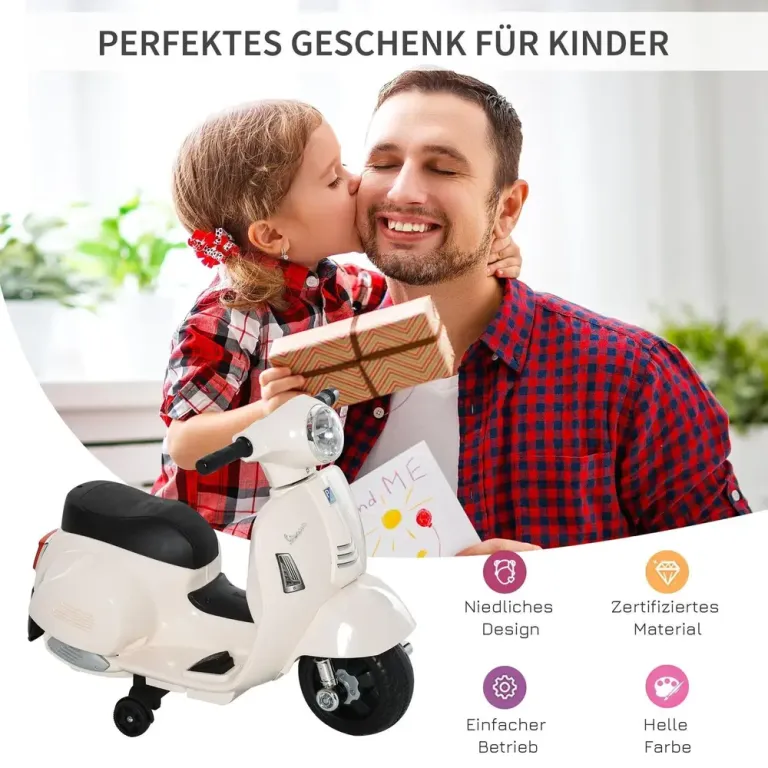 Elmotorcykel Vespa för Barn med LED-Ljus, Vit