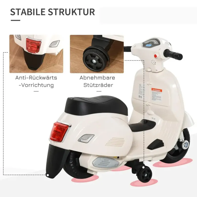 Elmotorcykel Vespa för Barn med LED-Ljus, Vit