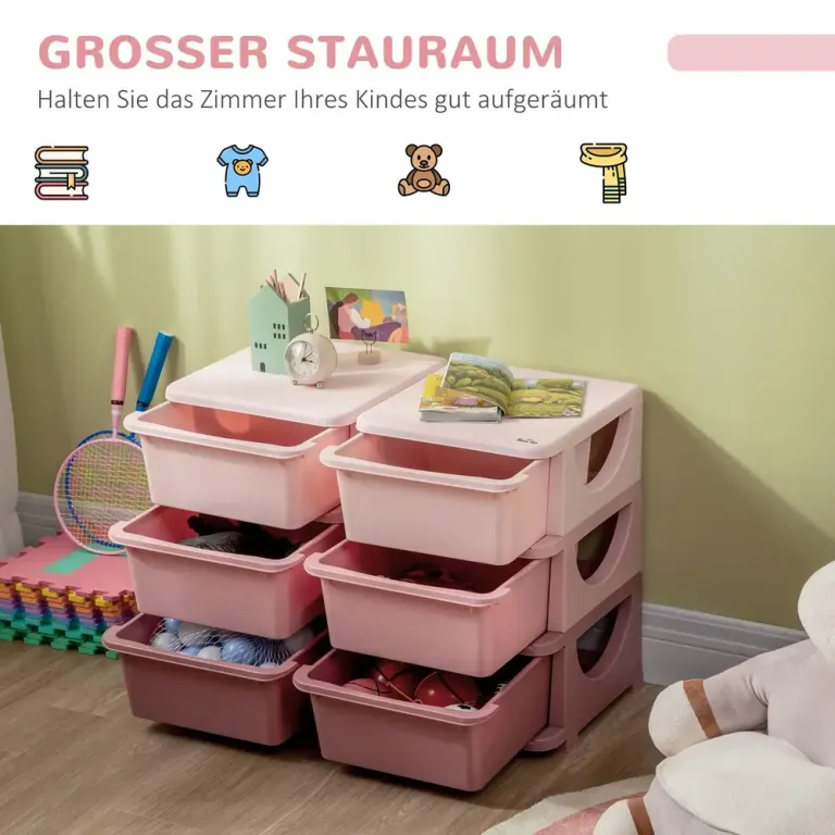 Leksaksförvaring med 3 Lådor, Rosa Förvaringsbox Barn