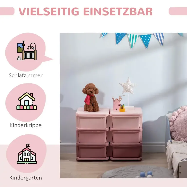 Leksaksförvaring med 3 Lådor, Rosa Förvaringsbox Barn