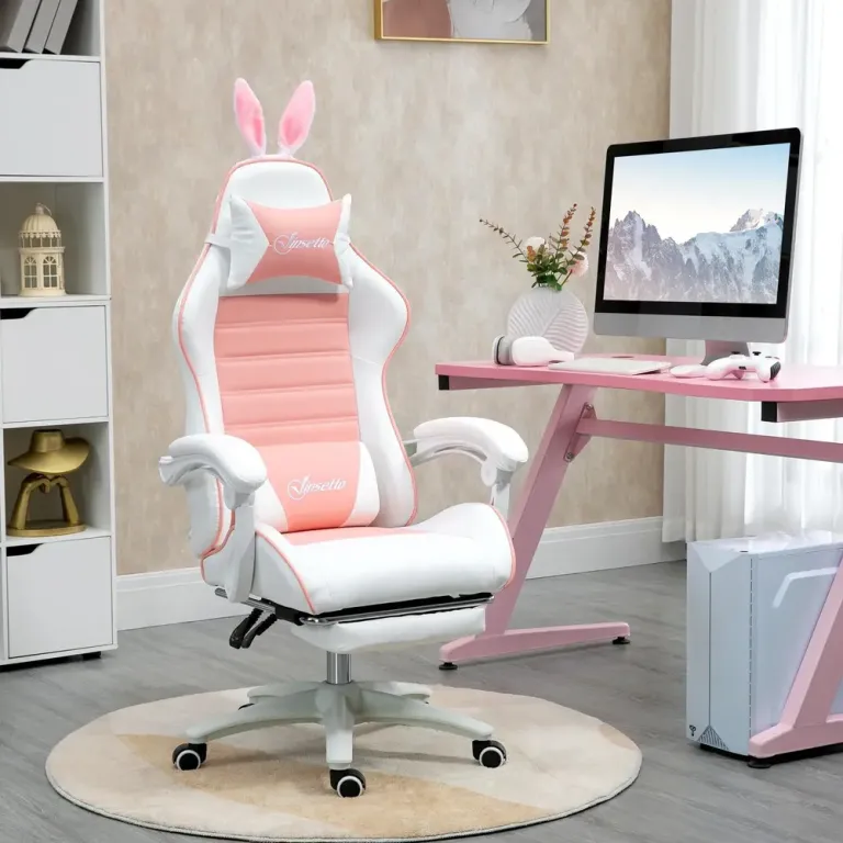 Ergonomisk Gamingstol med Svankstöd Fotstöd och Bunny Rosa Kaninöron