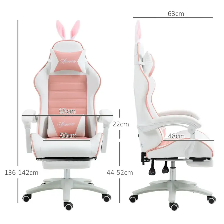 Ergonomisk Gamingstol med Svankstöd Fotstöd och Bunny Rosa Kaninöron