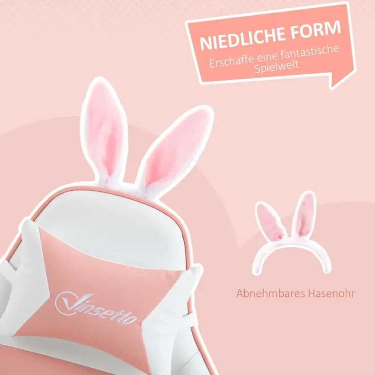 Ergonomisk Gamingstol med Svankstöd Fotstöd och Bunny Rosa Kaninöron
