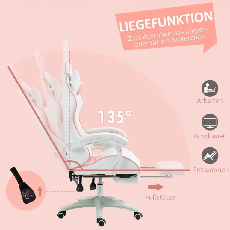 Ergonomisk Gamingstol med Svankstöd Fotstöd och Bunny Rosa Kaninöron