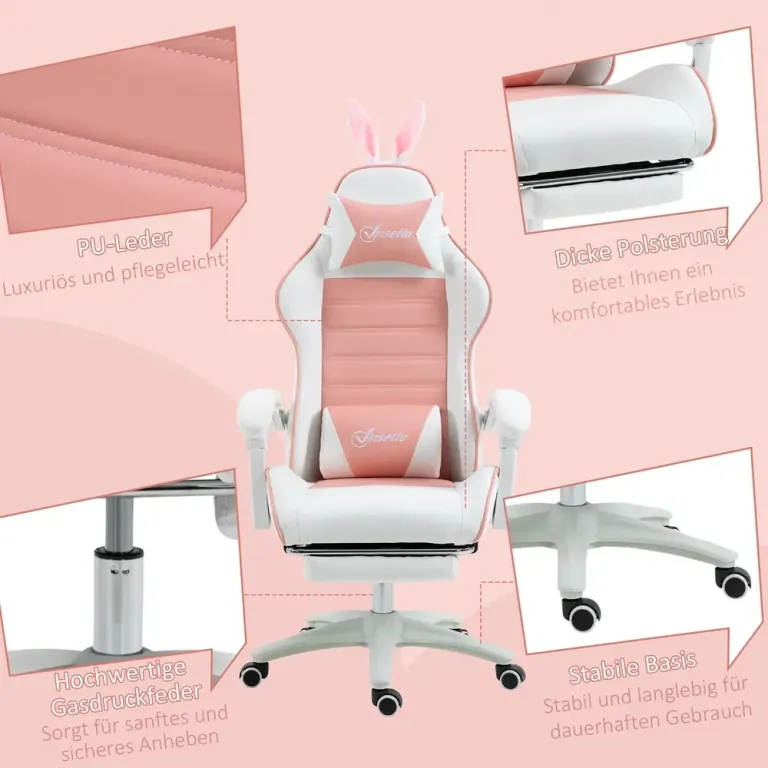 Ergonomisk Gamingstol med Svankstöd Fotstöd och Bunny Rosa Kaninöron