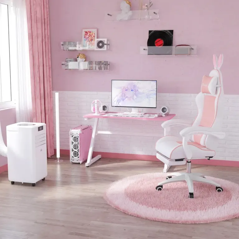 Ergonomisk Gamingstol med Svankstöd Fotstöd och Bunny Rosa Kaninöron